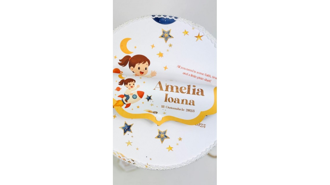 Trusou de botez Galaxy Girl tematică cosmică, stele și rachetă roz 13